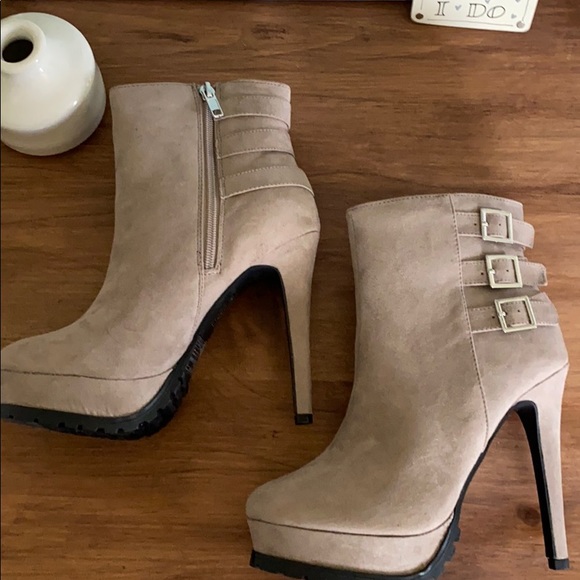 Taupe Platform Booties with Buckles - Picture 1 of 4
